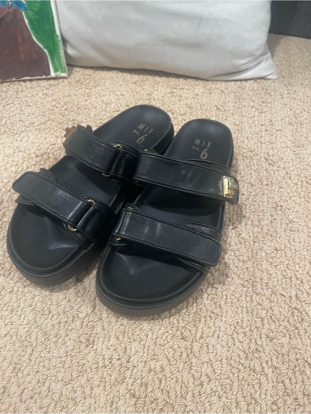 Mix No. 6 Black Double-Strap Slide Sandals with Gold Buckles